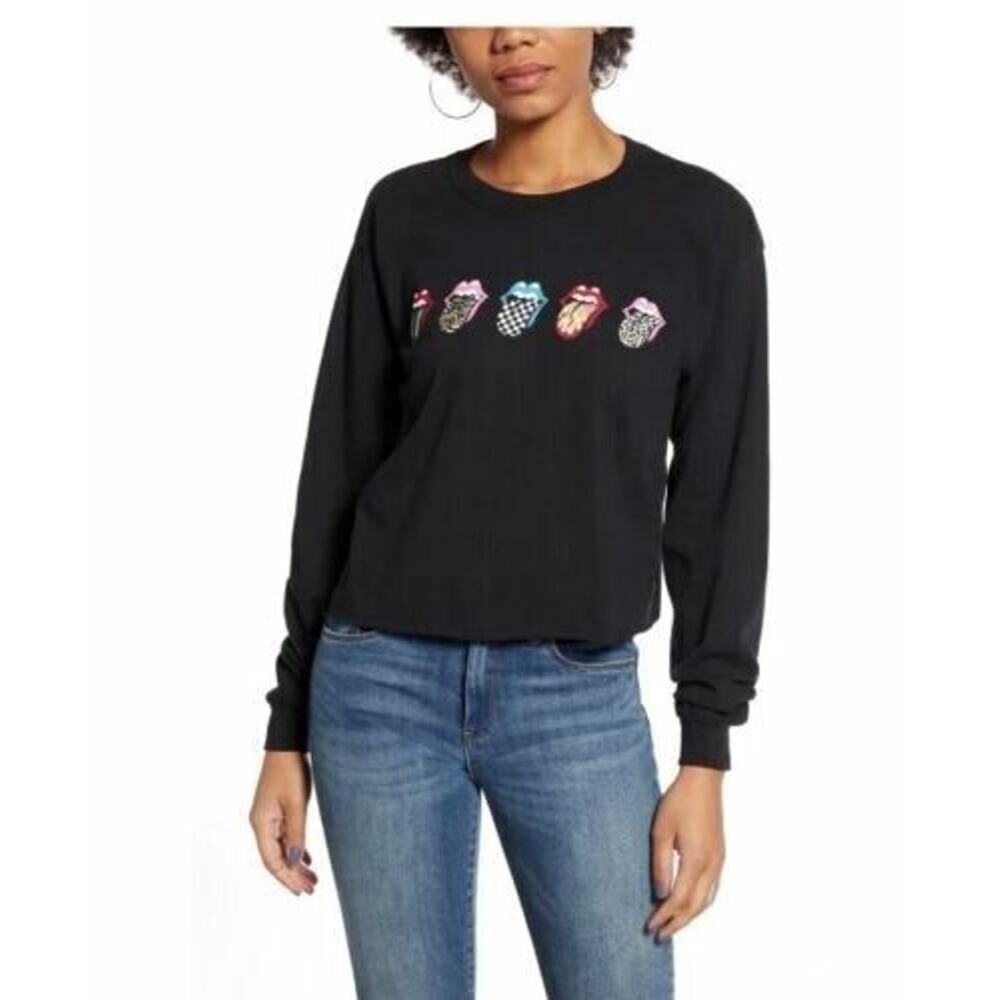 Day Rolling‎ Stones Tongue Long Sleeve Cropped Raw Hem Graphic Tee Black X-Small